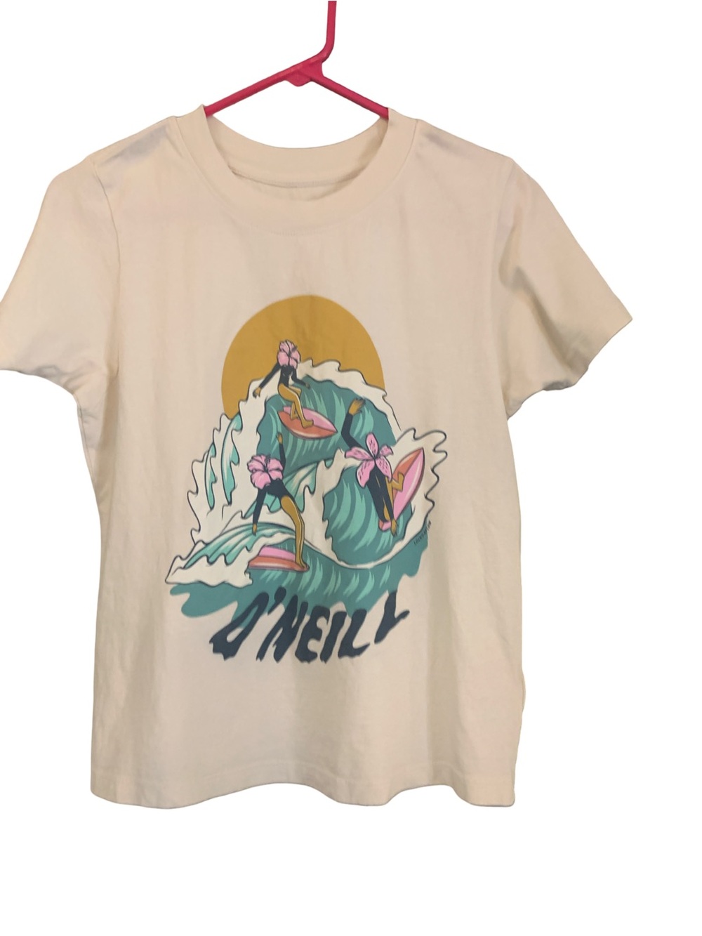 O'Neill Cream Surf Graphic Tee with Teal Waves and Pink Boards